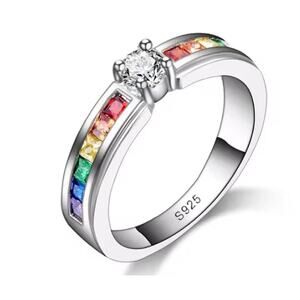Rainbow engagement ring - silver - CZs - size 8.